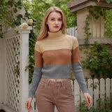 Women's Color Block Turtleneck Sweater with Long Sleeves