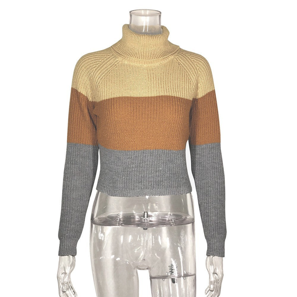 Women's Color Block Turtleneck Sweater with Long Sleeves