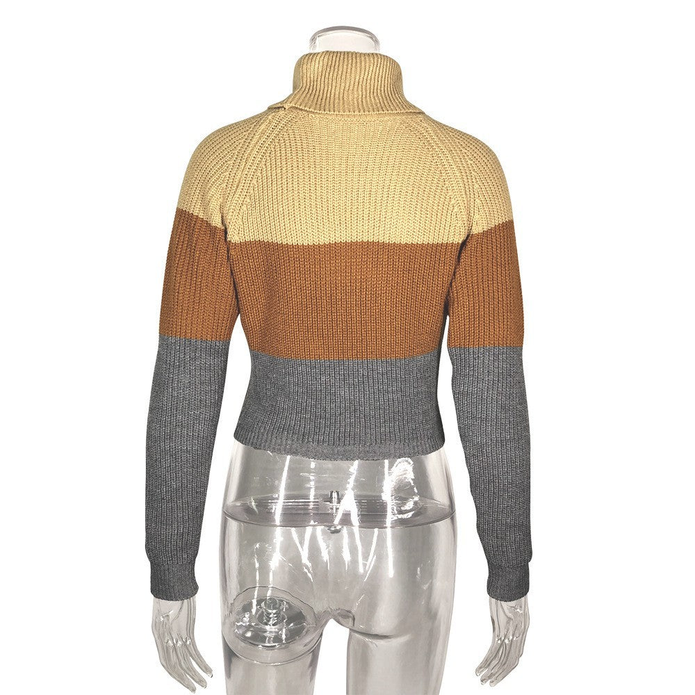 Women's Color Block Turtleneck Sweater with Long Sleeves