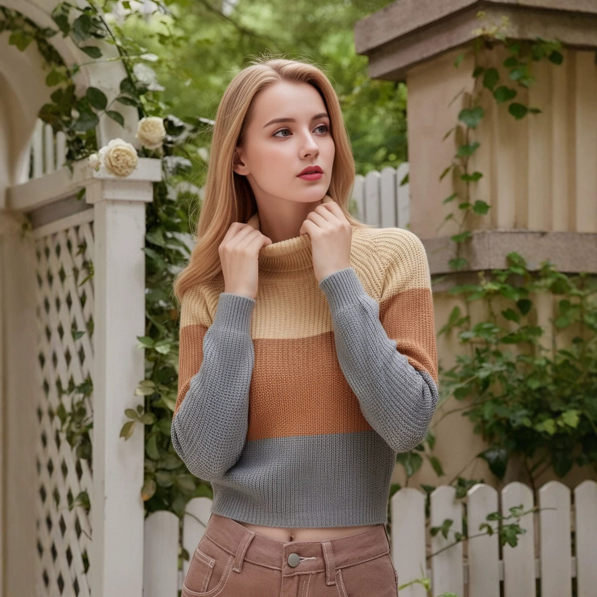 Women's Color Block Turtleneck Sweater with Long Sleeves
