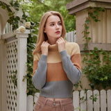 Women's Color Block Turtleneck Sweater with Long Sleeves