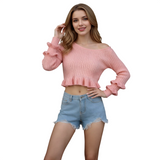 Women's Off-Shoulder Knit Sweater with Ruffle Sleeves