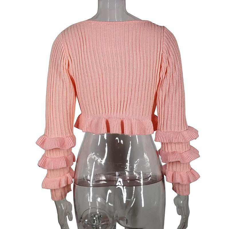 Women's Off-Shoulder Knit Sweater with Ruffle Sleeves