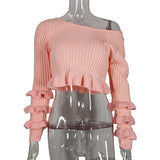 Women's Off-Shoulder Knit Sweater with Ruffle Sleeves