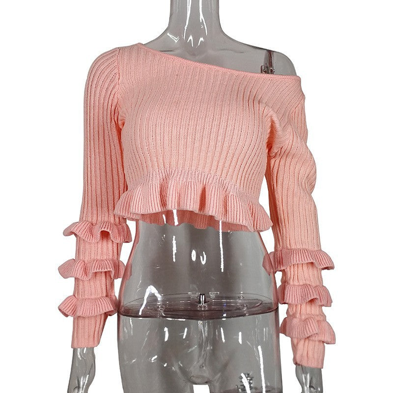 Women's Off-Shoulder Knit Sweater with Ruffle Sleeves