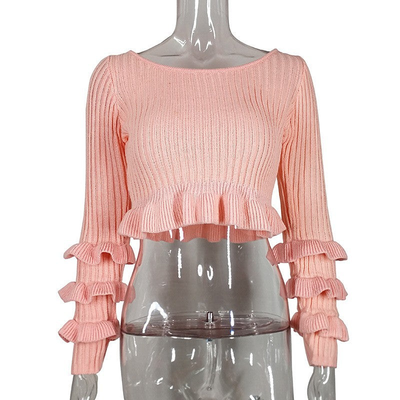 Women's Off-Shoulder Knit Sweater with Ruffle Sleeves