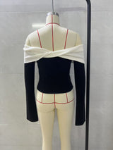 Women's Off-Shoulder Color Block Sweater Top with Long Sleeves