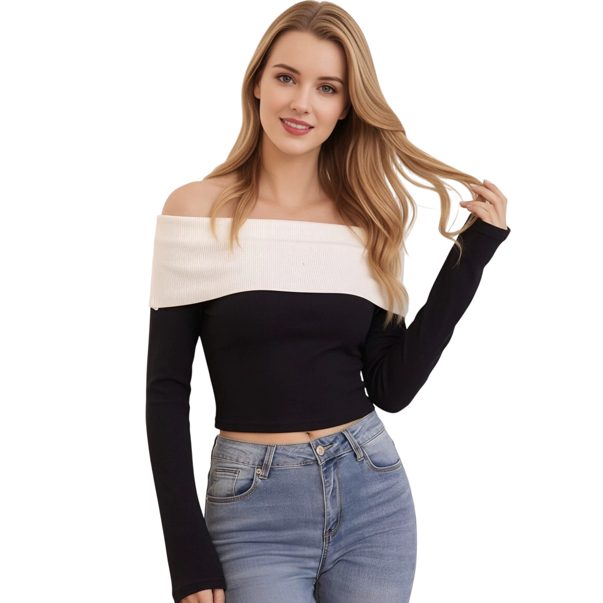Women's Off-Shoulder Color Block Sweater Top with Long Sleeves
