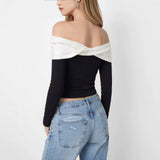 Women's Off-Shoulder Color Block Sweater Top with Long Sleeves