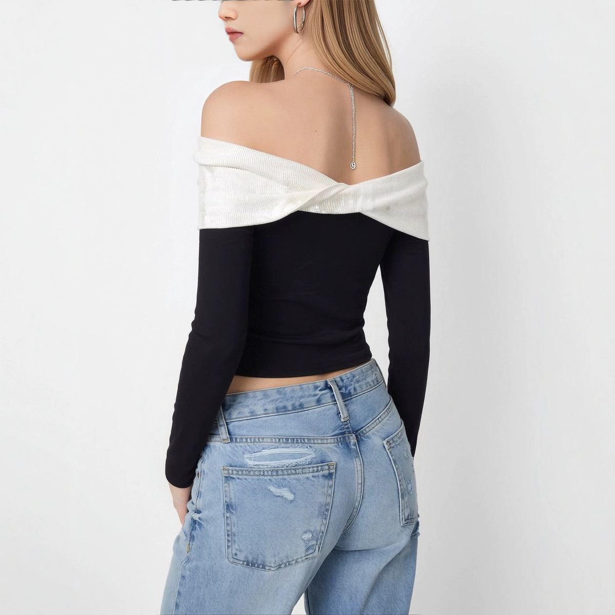 Women's Off-Shoulder Color Block Sweater Top with Long Sleeves
