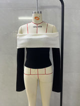 Women's Off-Shoulder Color Block Sweater Top with Long Sleeves