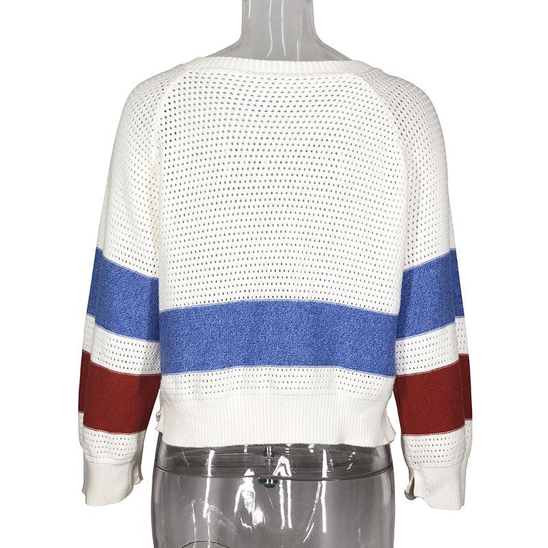 Women's Color Block Knit Sweater with Long Sleeves and Crew Neck