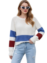 Women's Color Block Knit Sweater with Long Sleeves and Crew Neck