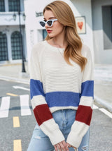 Women's Color Block Knit Sweater with Long Sleeves and Crew Neck