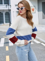 Women's Color Block Knit Sweater with Long Sleeves and Crew Neck