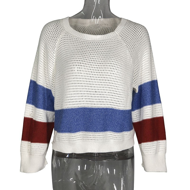 Women's Color Block Knit Sweater with Long Sleeves and Crew Neck