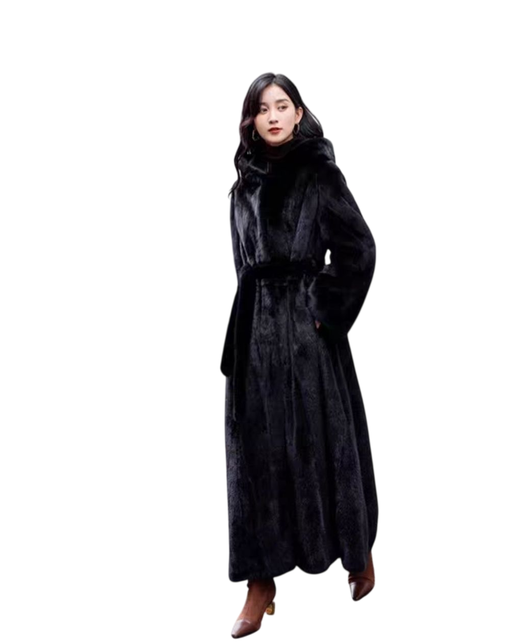 Women's Long  Coat with Plush Collar and Elegant Maxi Length