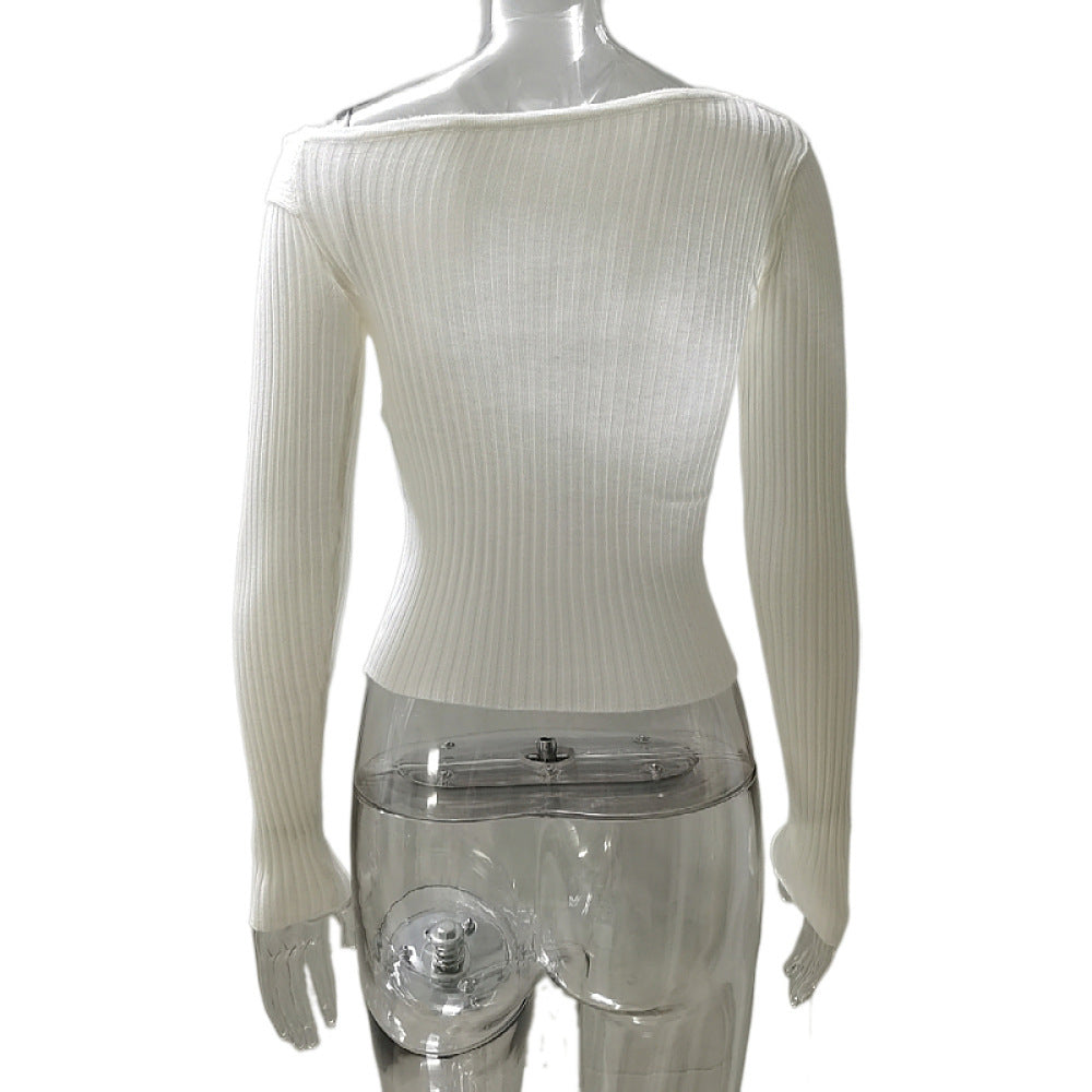 Women's Off-Shoulder Ribbed Knit Top with Long Sleeves