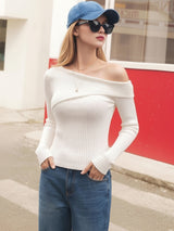 Women's Off-Shoulder Ribbed Knit Top with Long Sleeves