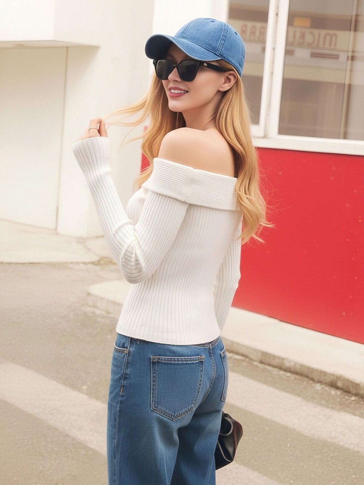 Women's Off-Shoulder Ribbed Knit Top with Long Sleeves