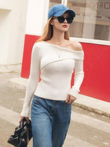 Women's Off-Shoulder Ribbed Knit Top with Long Sleeves