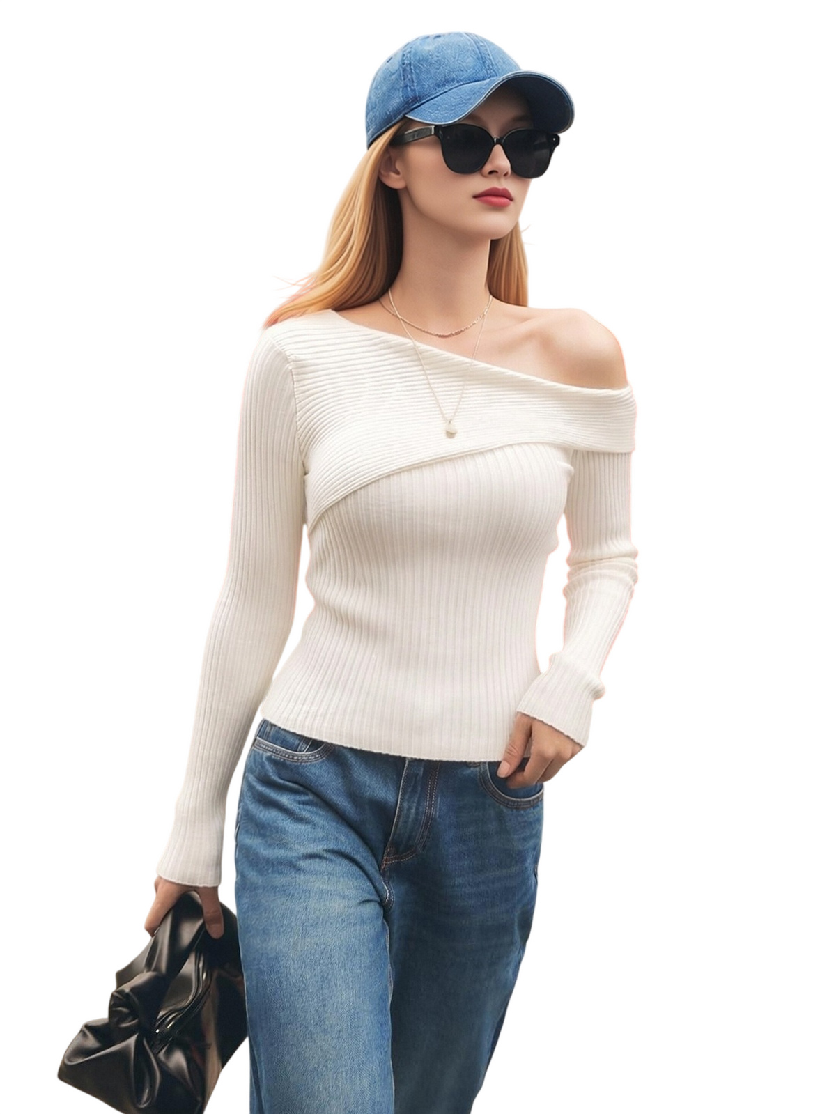 Women's Off-Shoulder Ribbed Knit Top with Long Sleeves