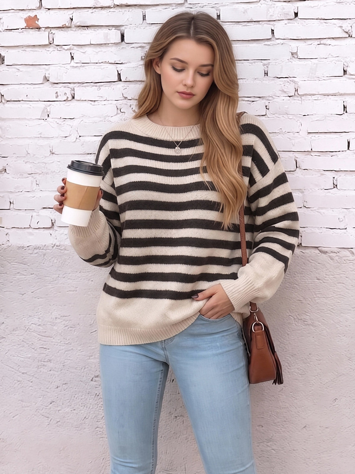 Women's Striped Knit Sweater with Long Sleeves