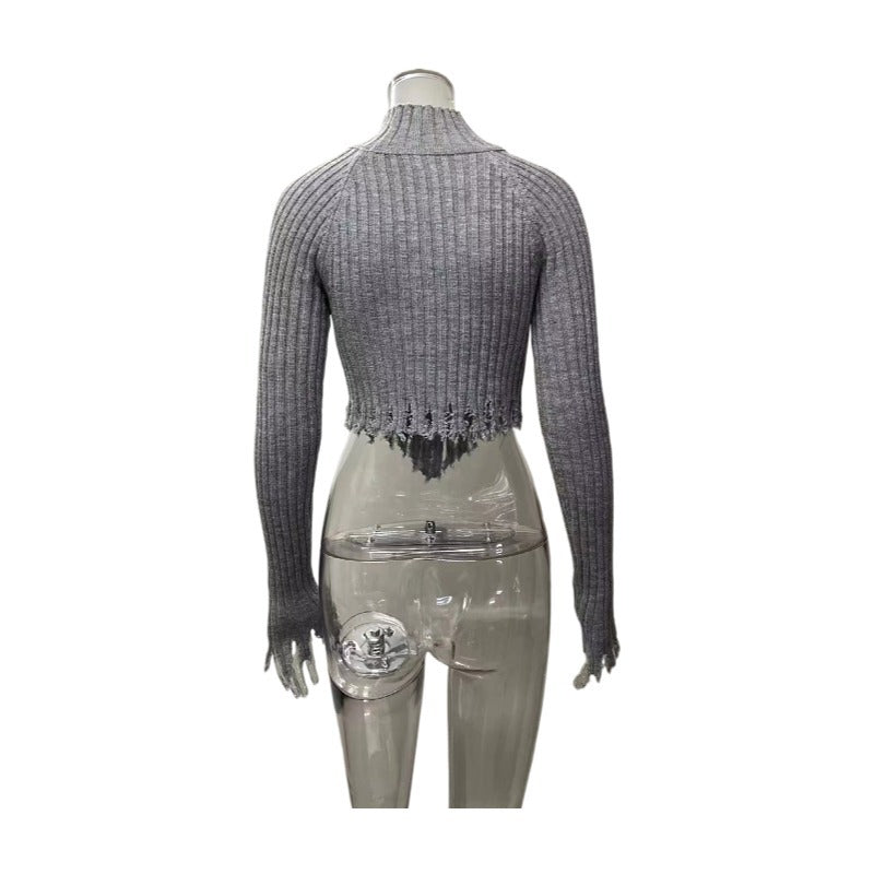Women's Distressed Ribbed Sweater with Cutout Shoulders