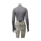 Women's Distressed Ribbed Sweater with Cutout Shoulders