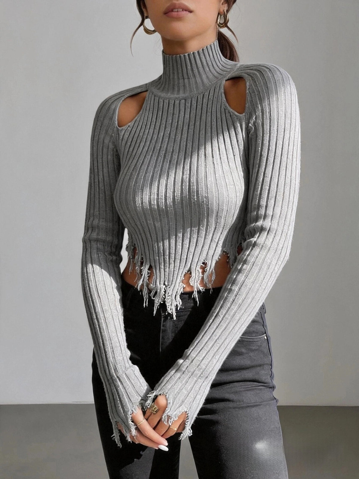 Women's Distressed Ribbed Sweater with Cutout Shoulders