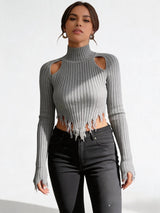 Women's Distressed Ribbed Sweater with Cutout Shoulders
