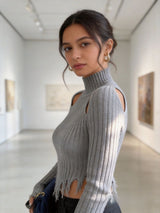 Women's Distressed Ribbed Sweater with Cutout Shoulders