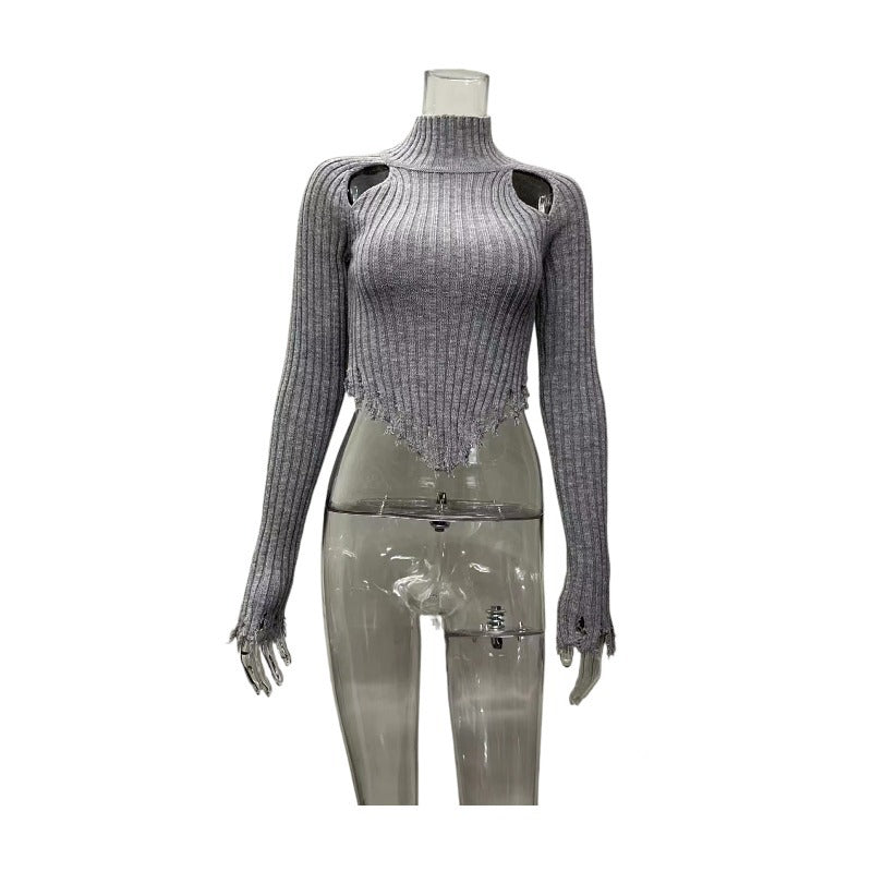 Women's Distressed Ribbed Sweater with Cutout Shoulders