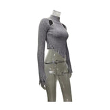 Women's Distressed Ribbed Sweater with Cutout Shoulders