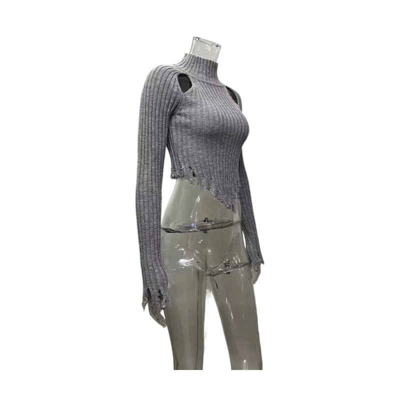 Women's Distressed Ribbed Sweater with Cutout Shoulders
