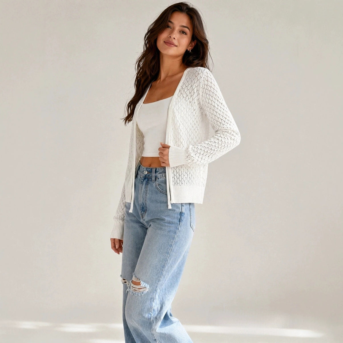 Women's Open Front Knit Cardigan with Long Sleeves