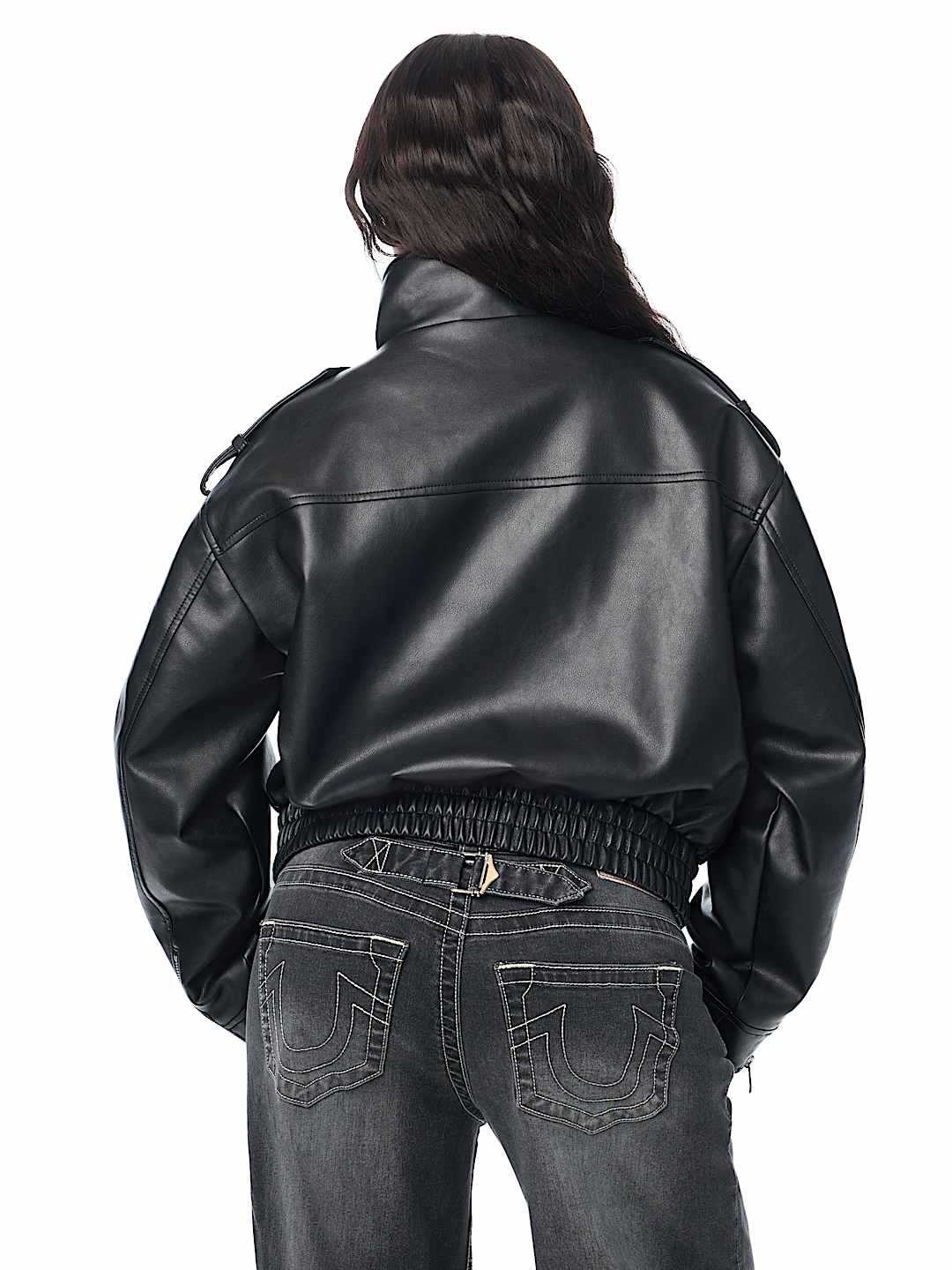 Women's Oversized Leather Jacket with Graphic Detail