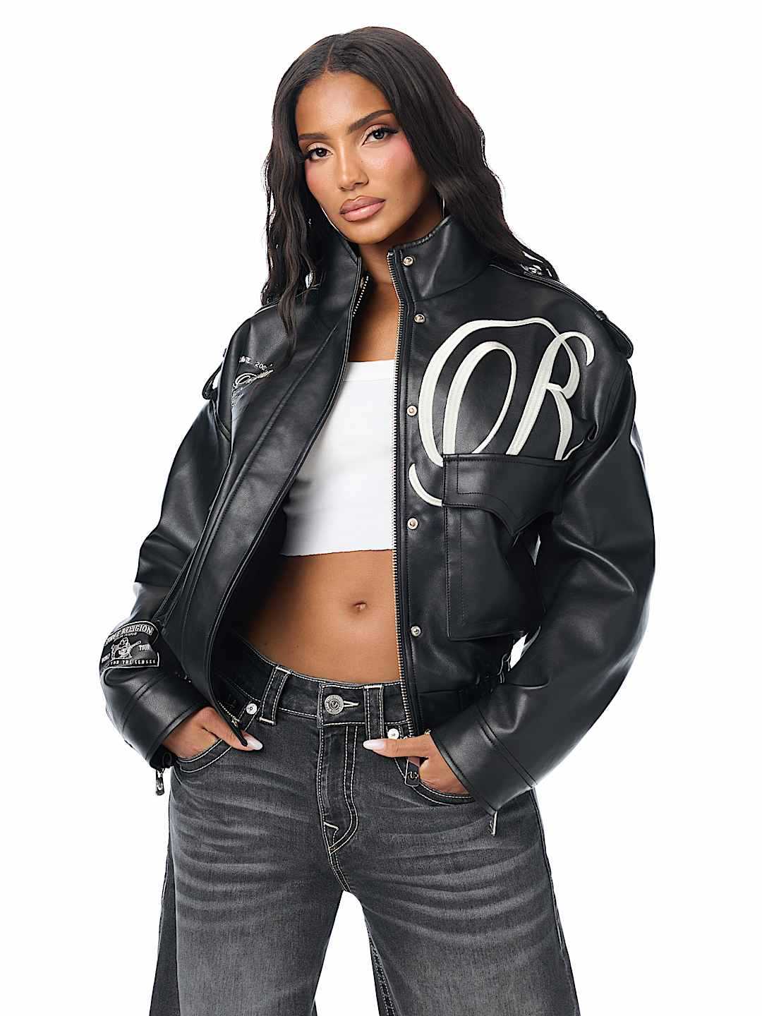 Women's Oversized Leather Jacket with Graphic Detail