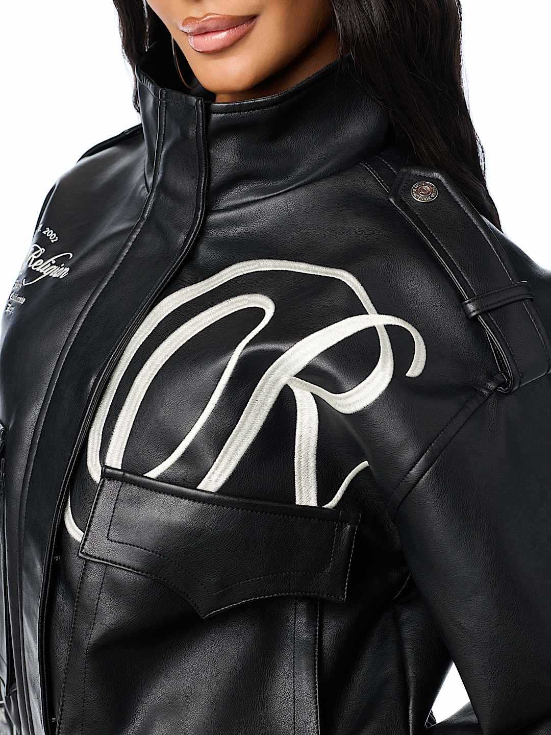 Women's Oversized Leather Jacket with Graphic Detail