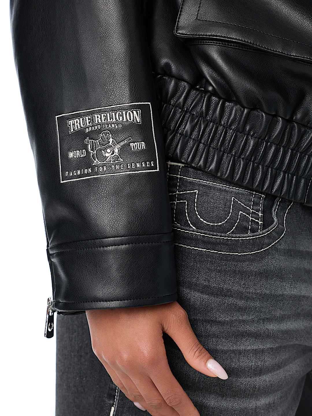 Women's Oversized Leather Jacket with Graphic Detail