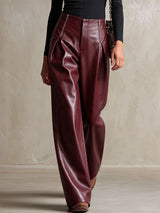 Women's High-Waisted Faux Leather Wide-Leg Pants