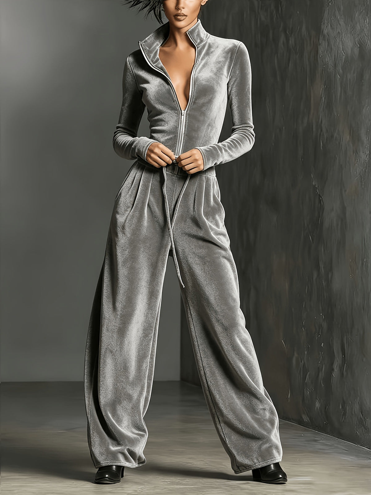 Women's  Zip-Up Jumpsuit with Wide-Leg Pants