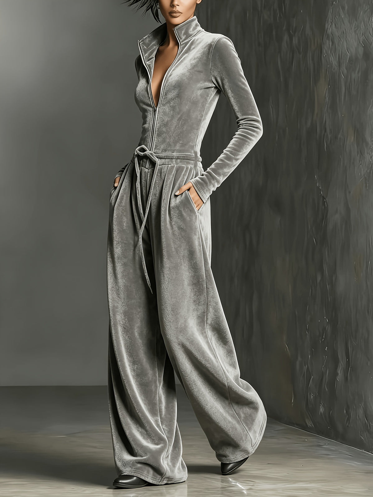 Women's  Zip-Up Jumpsuit with Wide-Leg Pants