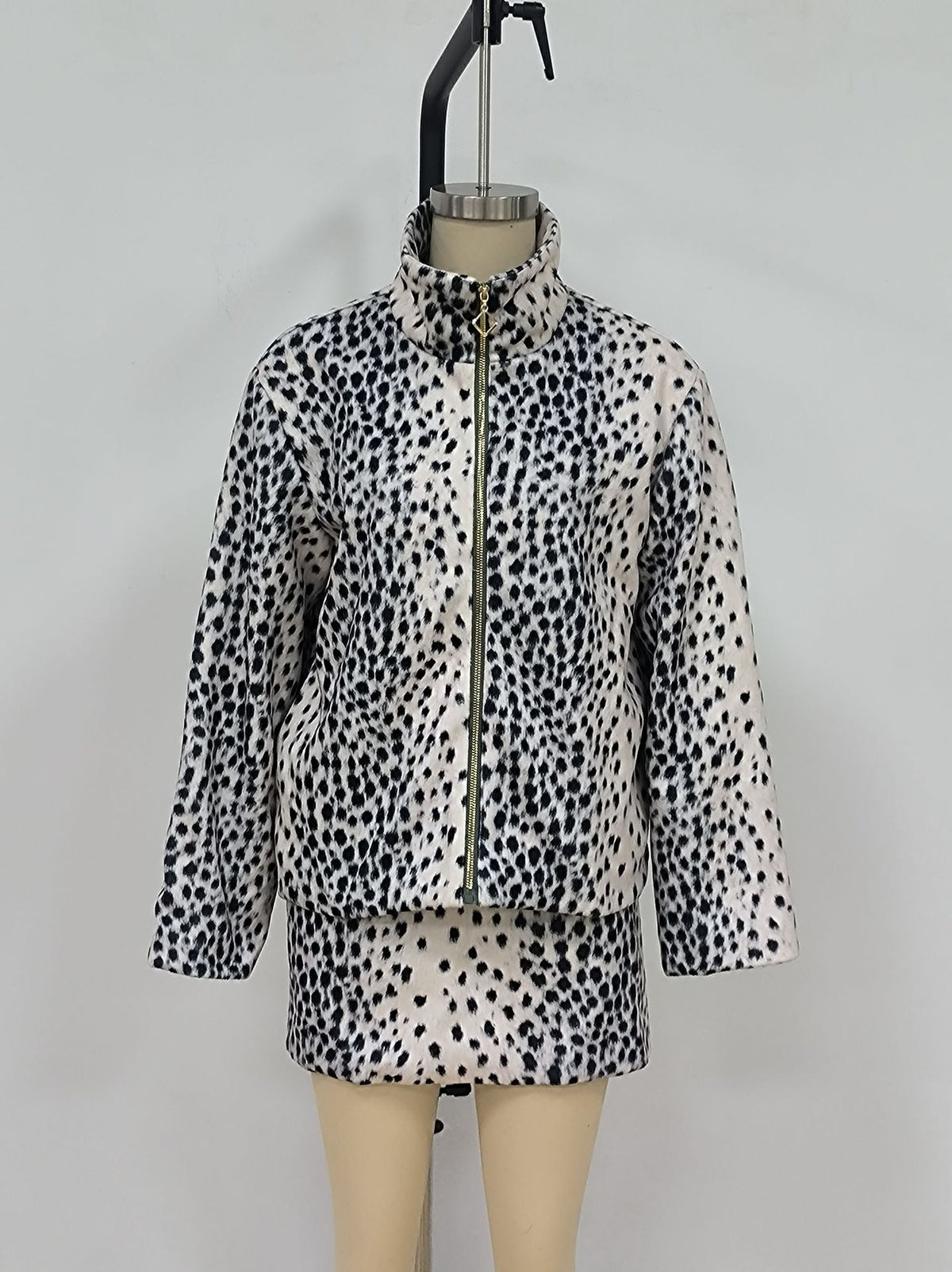 Women's Leopard Print Faux Fur Jacket and Skirt Set