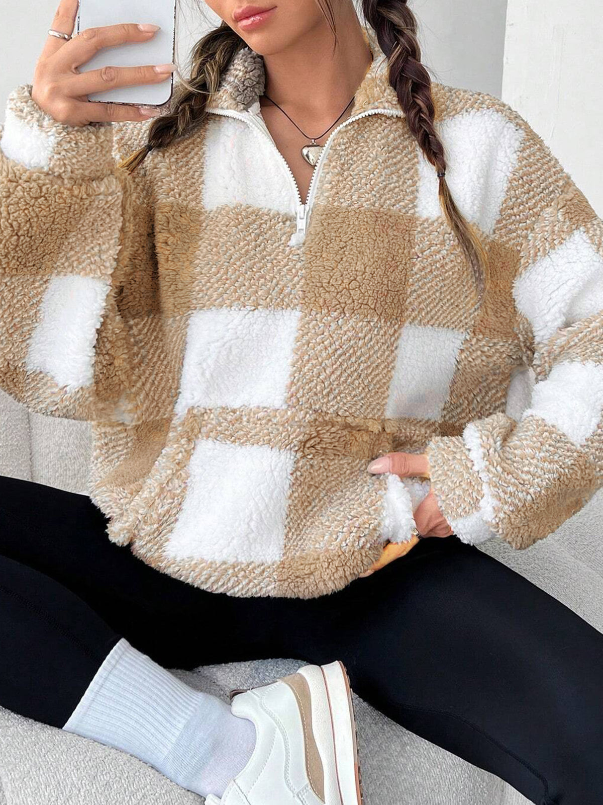Women's Plaid Sherpa Fleece Half-Zip Pullover Top