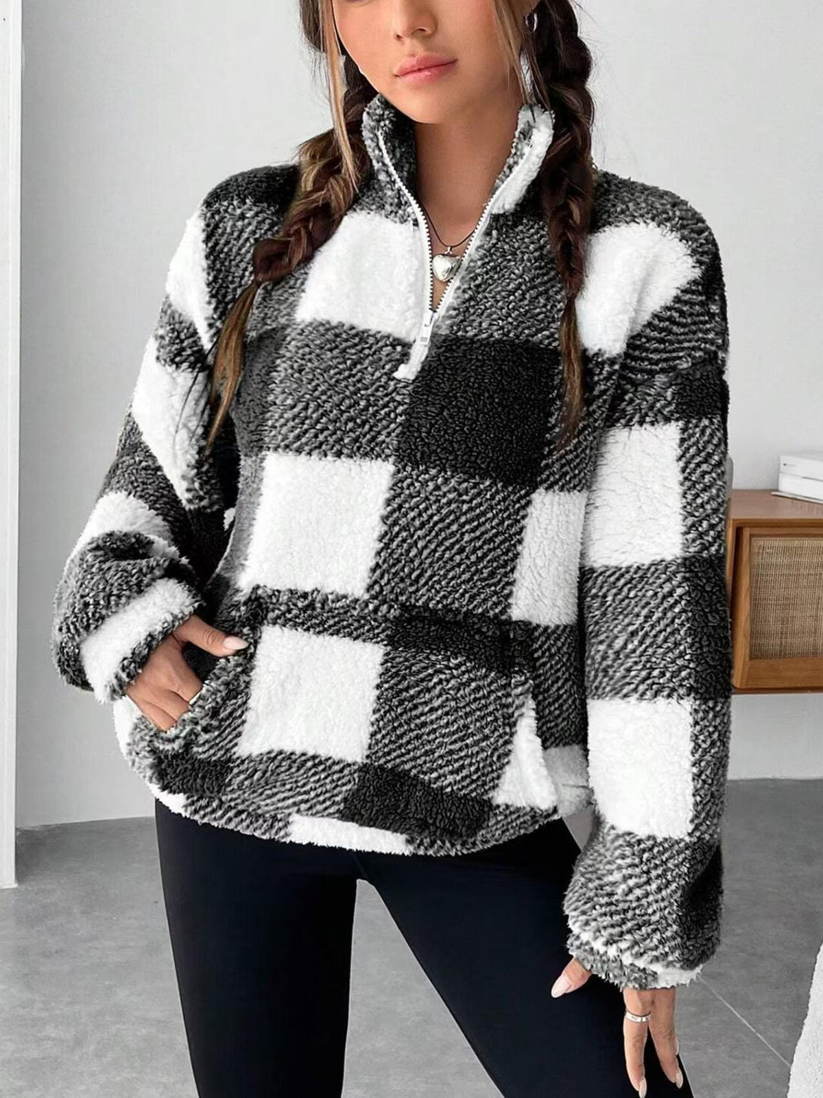 Women's Plaid Sherpa Fleece Half-Zip Pullover Top
