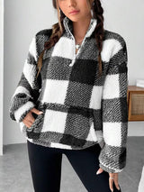 Women's Plaid Sherpa Fleece Half-Zip Pullover Top