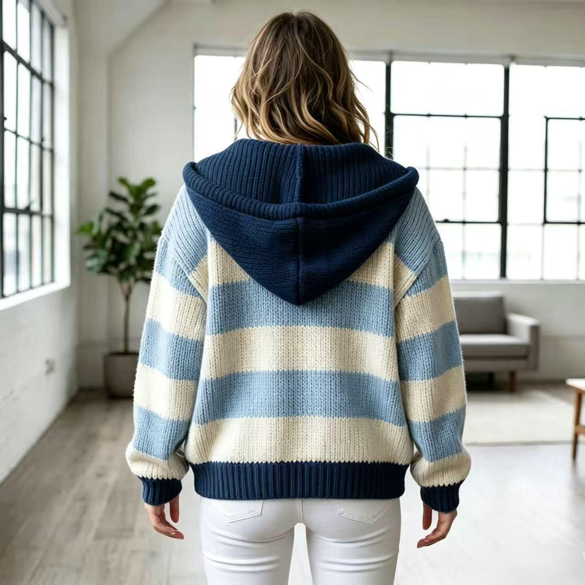 Women's Striped Knit Hooded Jacket