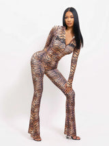 Women's Tiger Print Zip-Up Flare Jumpsuit