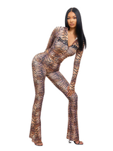 Women's Tiger Print Zip-Up Flare Jumpsuit